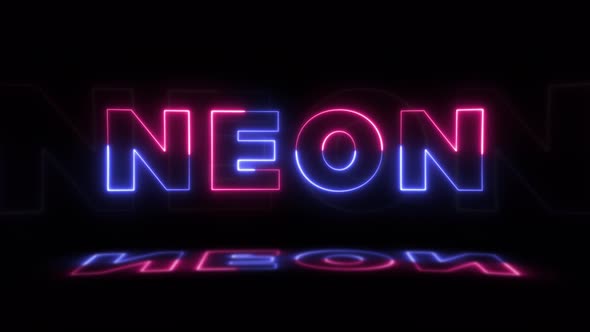 Neon glowing word 'NEON' on a black background with reflections on a ...