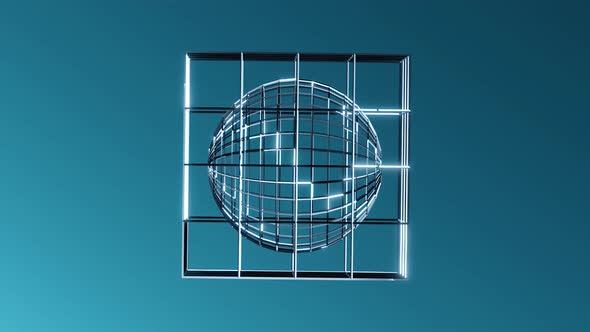 3d Render Illustration Rotating Threedimensional Wireframed Cube and Sphere