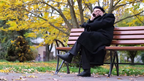 Elderly Grandfather Sitting on a Bench and Talking on the Phone in the Autumn Park alt