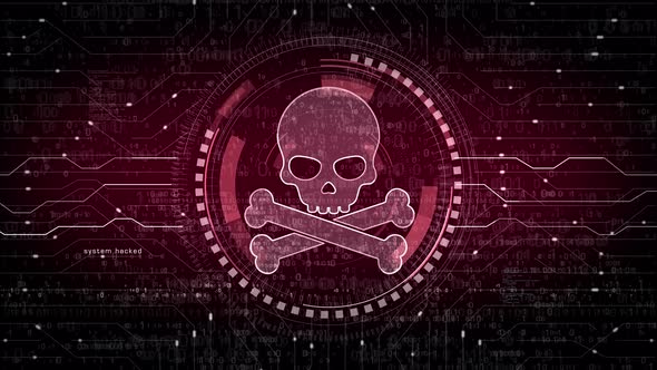 Skull pirate and online cyberattack symbol loop digital concept alt