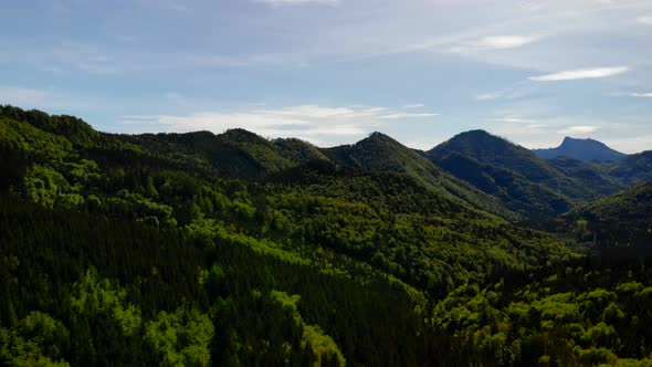Beautiful view from the Signalkogel to the Lake Langbathsee and Mountains drone video alt