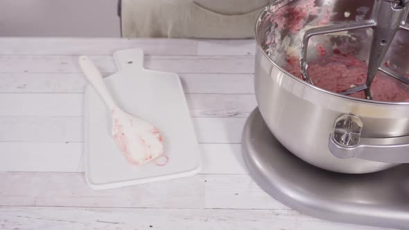 Preparing Raspberry Cream Cheese Buttercream in Kitchen Mixer for Bake Chocolate Raspberry Cupcakes alt