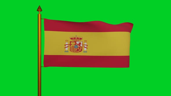 National flag of Spain waving with flagpole on chroma key, Spain flag or Bandera de Espana alt
