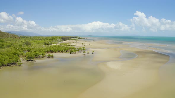 Aerial, Low Tide And Huge Sand Ocean Bed And Mangroves Growing In Queensland Australia