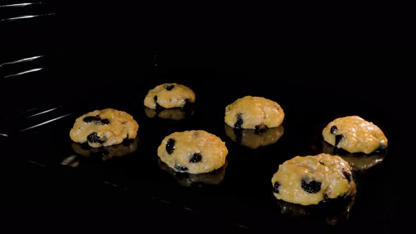 Timelapse  Cooking Six Homemade Crunchy Oatmeal Cookies on Metal Sheet in Oven