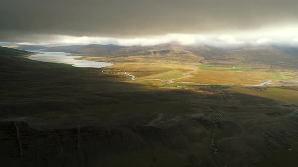 Aerial Panorama Of Sunny Valley Scenery