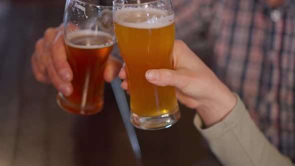 Male and Female Hands Clinking Beer Glasses in Slow Motion Indoors alt