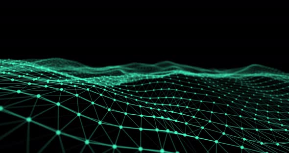 Glowing green mesh waves against black background alt