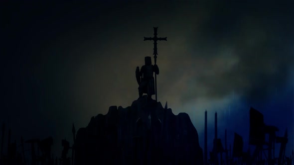 Knight Holding a Cross while Armed Crusader Soldiers Rising their Weapons cheering alt
