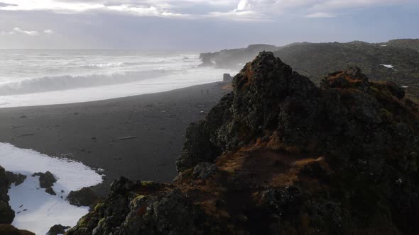 Iceland View Of Black Sand Beach And Rough Ocean Waves 