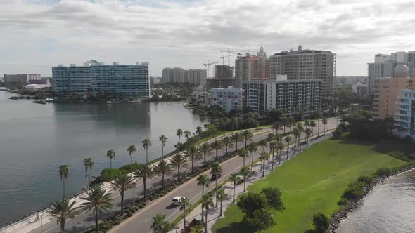 Aerial view of palm tree-lined John Ringling Causeway in Sarasota, Florida.  The Gulf Coast of Flori alt