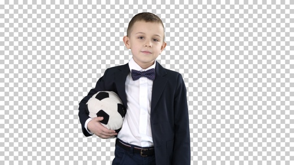 Happy young school boy holding a football, Alpha Channel alt