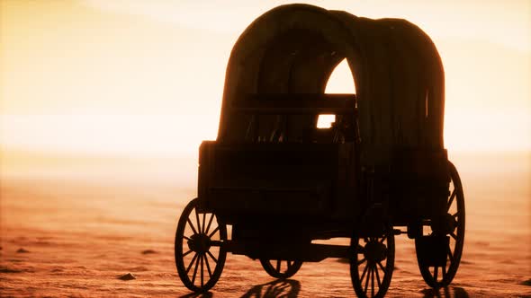 Canvas Covered Retro Wagon in Desert at Sunset