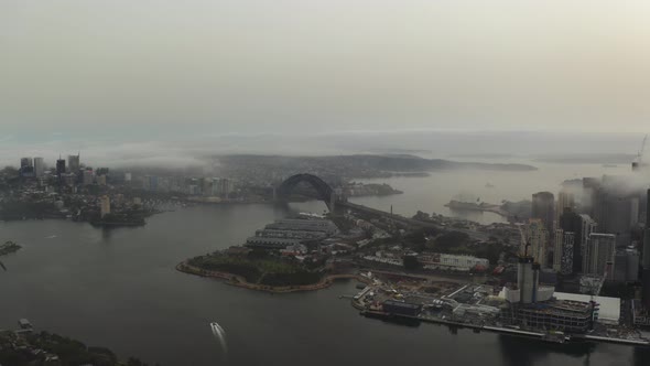 View Of Sydney Harbour Bridge On Foggy Morning