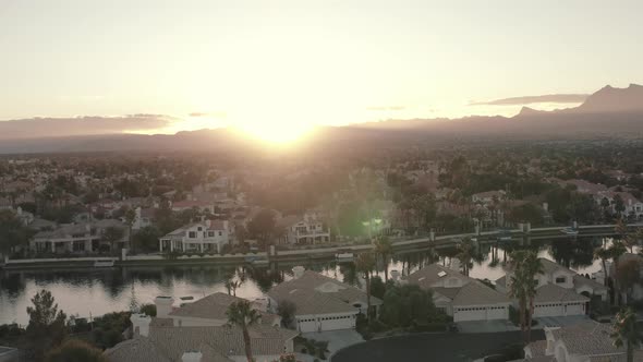 Aerial drone flight over Las Vegas neighborhood. alt