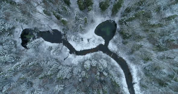 Natural Phenomenon Holy Water Springs in Snowy Winter Forest Aerial View alt
