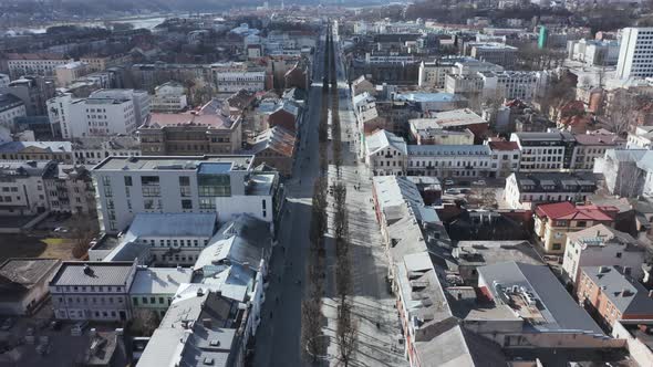 AERIAL: Flying Above Laisves Avenue in Kaunas on a Sunny Day 