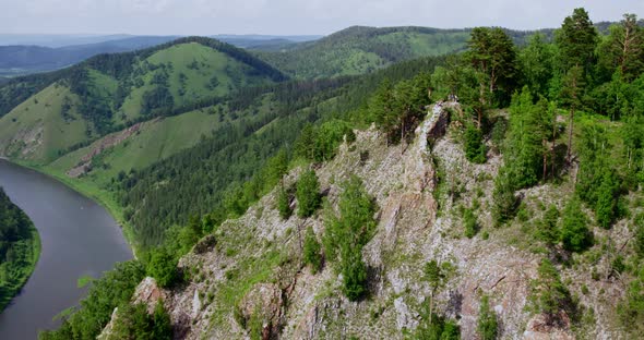 Drone Flight Beautiful View of the Green Mountains and the River alt