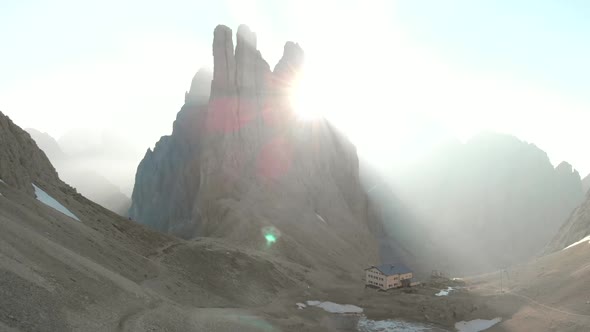 Aerial View of Vajolet Towers Mountain in Dolomites Italy at Sunrise