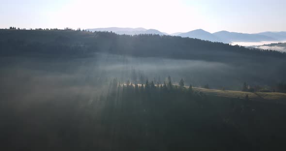 Fog In The Mountains Of The Carpathians. Sunrise Over The Mountains