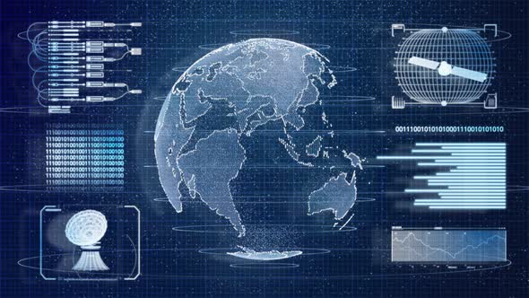 3D Blue digital HUD Earth world information scanning hologram user interface background alt