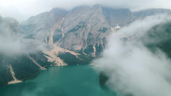 Beautiful Landscape of Braies Lake Lago Di Braies Romantic Place with Wooden Bridge and Boats on the alt