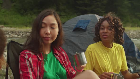 Cheerful Pretty Women Tourists Posing for Selfie Shot at Campsite alt