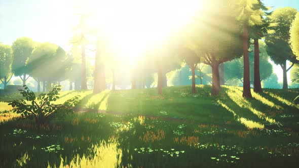 Cartoon Green Forest Landscape with Trees and Flowers alt