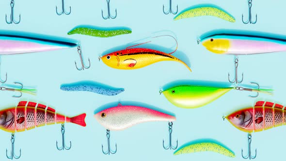 Assorted colourful fish bites. Set of wobblers. Lures and fish-hooks for angling alt
