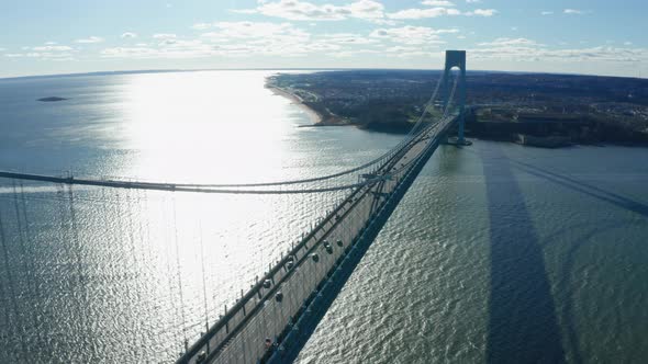 Stationary Drone Shot of Traffic Moving Across Verrazno Bridge in New York City