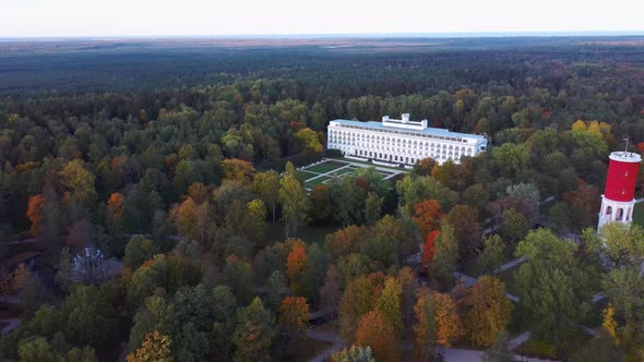 Kemeri Water Tower With Latvian Flag in the Kemeri Resort Park in Jurmala, Latvia. Beautiful White N alt