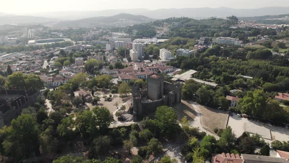 Panoramic orbital scene of Guimaraes fortress monument in Portugal, aerial view