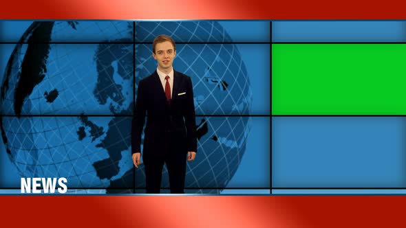 Young Elegant Newscaster Telling the Breaking News in the TV Studio with Green Screen