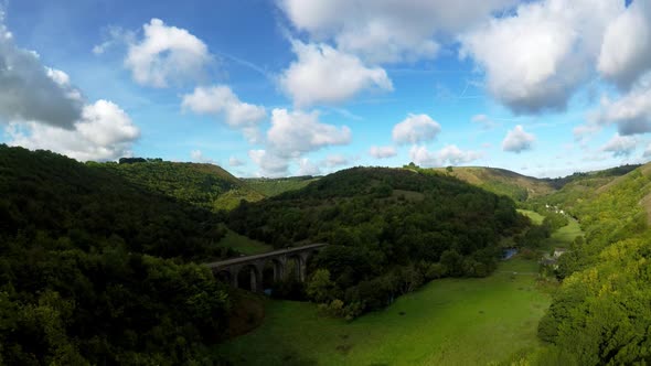 Aerial view, footage of Headstone Viaduct in Bakewell, Derbyshire, the Peak District National Park, alt