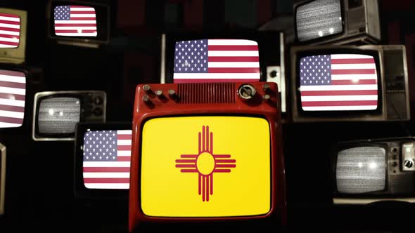 New Mexico State Flag and US Flag on Retro TVs. alt