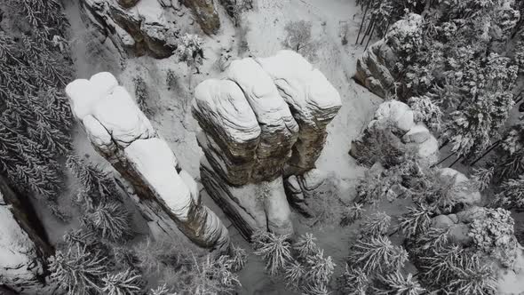 Aerial view of Bohemian Paradise in winter. Panoramic view of a group of sandstone rock formations alt