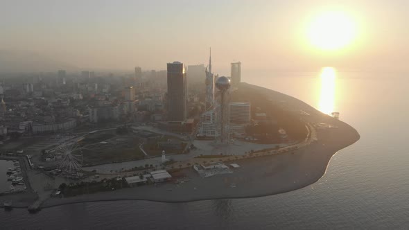 Static Aerial View Of Batumi City With Sunset. Raw alt