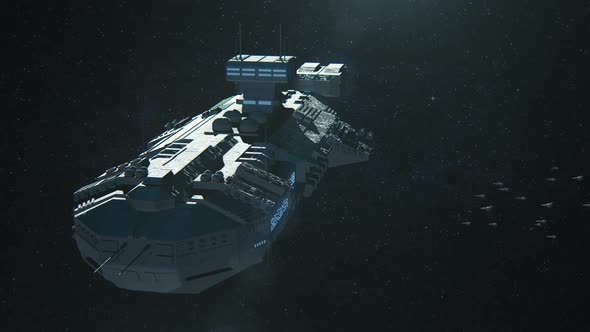 Futuristic concept of small spaceships approaching huge space shuttle. alt