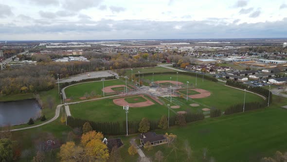 Aerial view of baseball complex in Anderson Park, Kenosha, Wisconsin. Pond seen to the left.