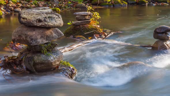 River Flow with Balanced Stones,  Timelapse