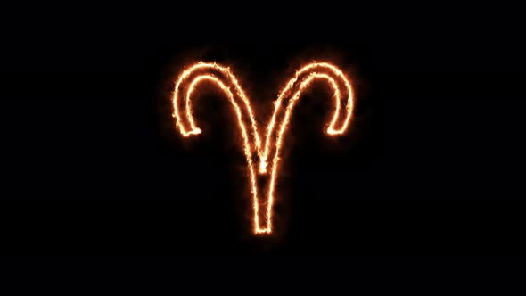 Zodiac signs Aries on fire. Symbol animation burning in a flame on a black background alt