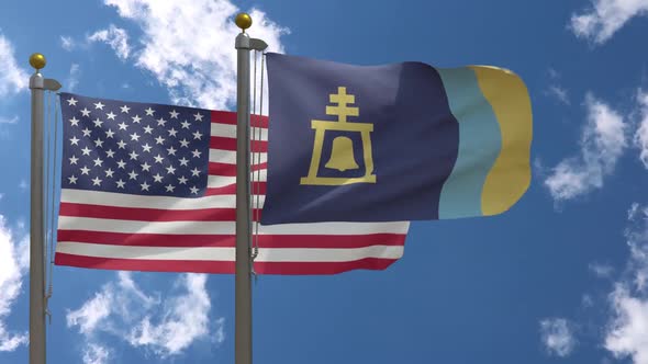 Usa Flag Vs Riverside City Flag California  On Flagpole alt