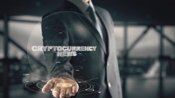 Cryptocurrency News with Hologram Businessman Concept alt