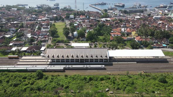 Aerial view of train stasiun with ferry port background in Banyuwangi, Indonesia alt