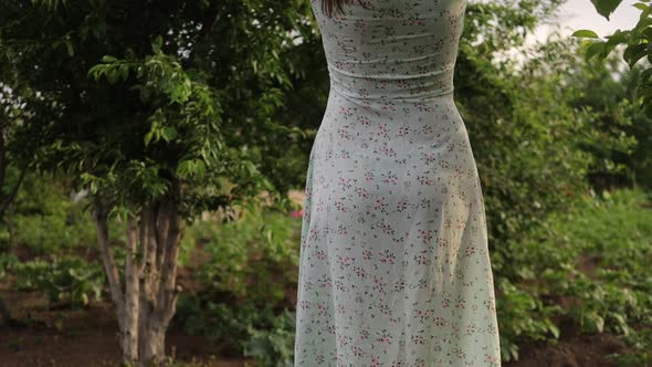 Woman Walking in Garden with Green Plants