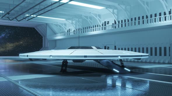 White metal flying saucer standing in a hangar. UFO ready to invade. 4KHD alt