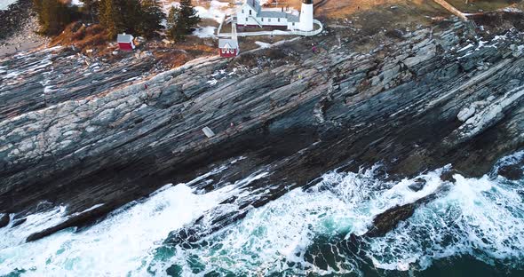 Aerial View Of Waves Hitting The Rocks In Curtis Island Lighthouse Camden Maine Usa Stock Footage 4001