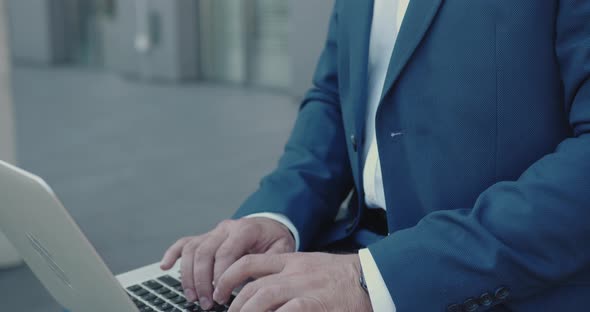 Caucasian Bearded Business Man Working on Bench With Laptop Outdoors alt