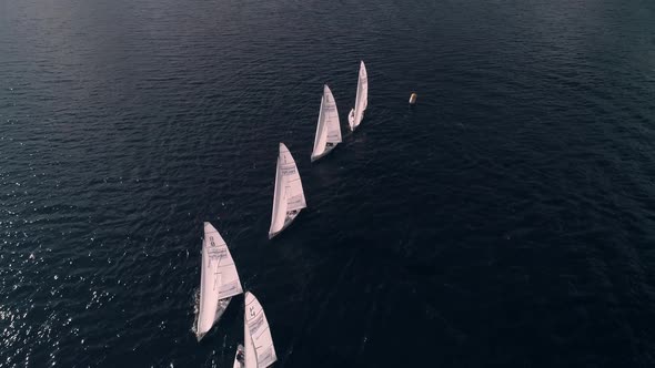 The Front Aerial View of Yachts Racing on the River One Each Other