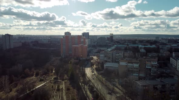 Kharkiv city center with blue sky. Aerial view